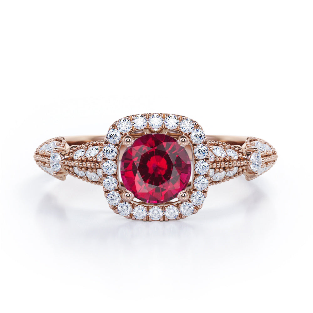 Antique Milgrain 1.35 Carat Round Cut Lab Ruby And Diamond Halo Engagement Ring In White Gold