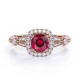 Antique Milgrain 1.35 Carat Round Cut Lab Ruby And Diamond Halo Engagement Ring In White Gold