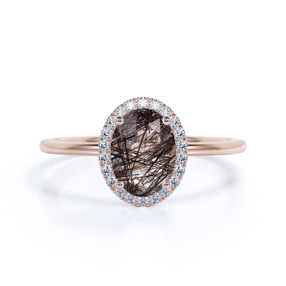 Modern Solitaire 1.25 Carat Oval Cut Natural Druzy Black Brown Rutilated Quartz and Diamond Halo Engagement Ring