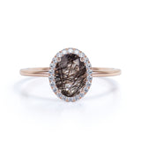 Modern Solitaire 1.25 Carat Oval Cut Natural Druzy Black Brown Rutilated Quartz and Diamond Halo Engagement Ring