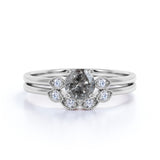 Minimalist 3 Stone 0.75 Carat Round Cut Icy Dark Grey Salt and Pepper Diamond and Curved Art Deco Band Wedding Ring Sets