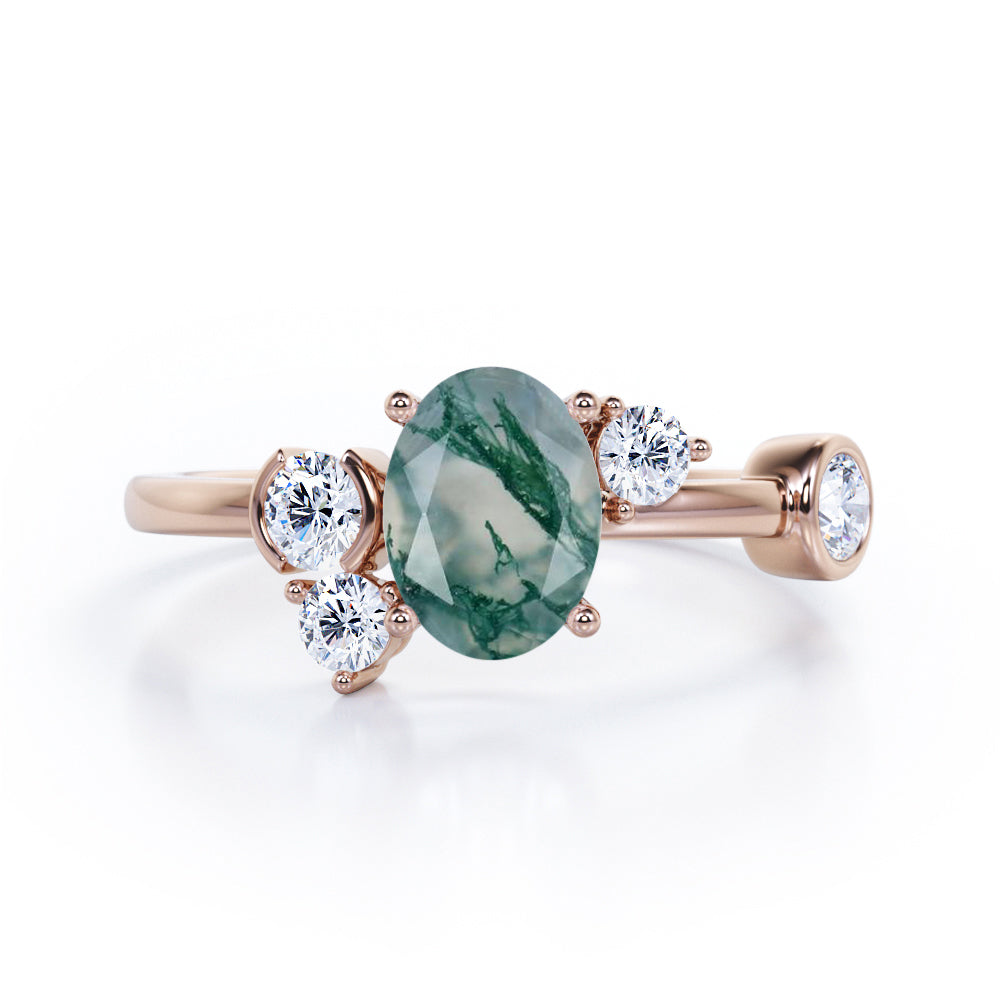 Unique 1 carat Oval Five Stone Ring With Petite Moss Green Agate and Diamond in White Gold