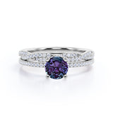 Classic 1.50 Carat Round Cut Purple Lab Created Alexandrite And Diamond Infinity Wedding Ring Set In White Gold