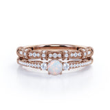 Beaded 1.50 Carat Round Cut Natural Opal And Diamond Vintage Inspired Art Deco Bridal Set In White Gold