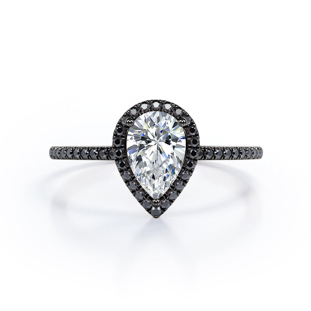 Halo Design 1.45 TCW Pear Cut Moissanite with Lab Created Black Diamond Scalloped Pave Engagement Ring in Rose Gold