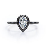 Halo Design 1.45 TCW Pear Cut Moissanite with Lab Created Black Diamond Scalloped Pave Engagement Ring in Rose Gold
