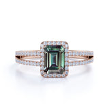 Split Shank 1.50 Carat Emerald Cut Man Made Alexandrite and Diamond Bezel Set Halo Engagement Ring