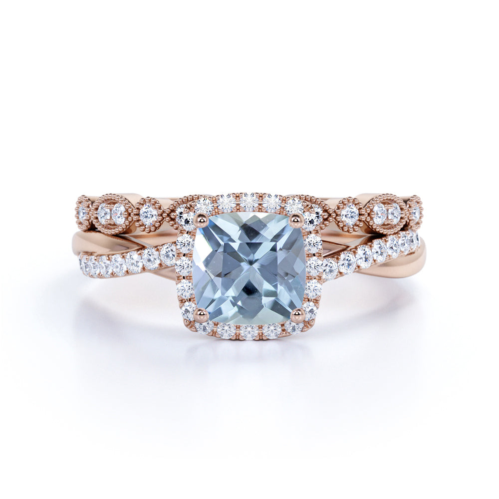 Infinity 1.50 ct Cushion Aquamarine Vintage Wedding Set