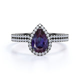 Intricate Traditional Halo 1.75 Carat Pear Cut Lab Grown Alexandrite and Diamond Half Eternity Pave Bridal Set Rings