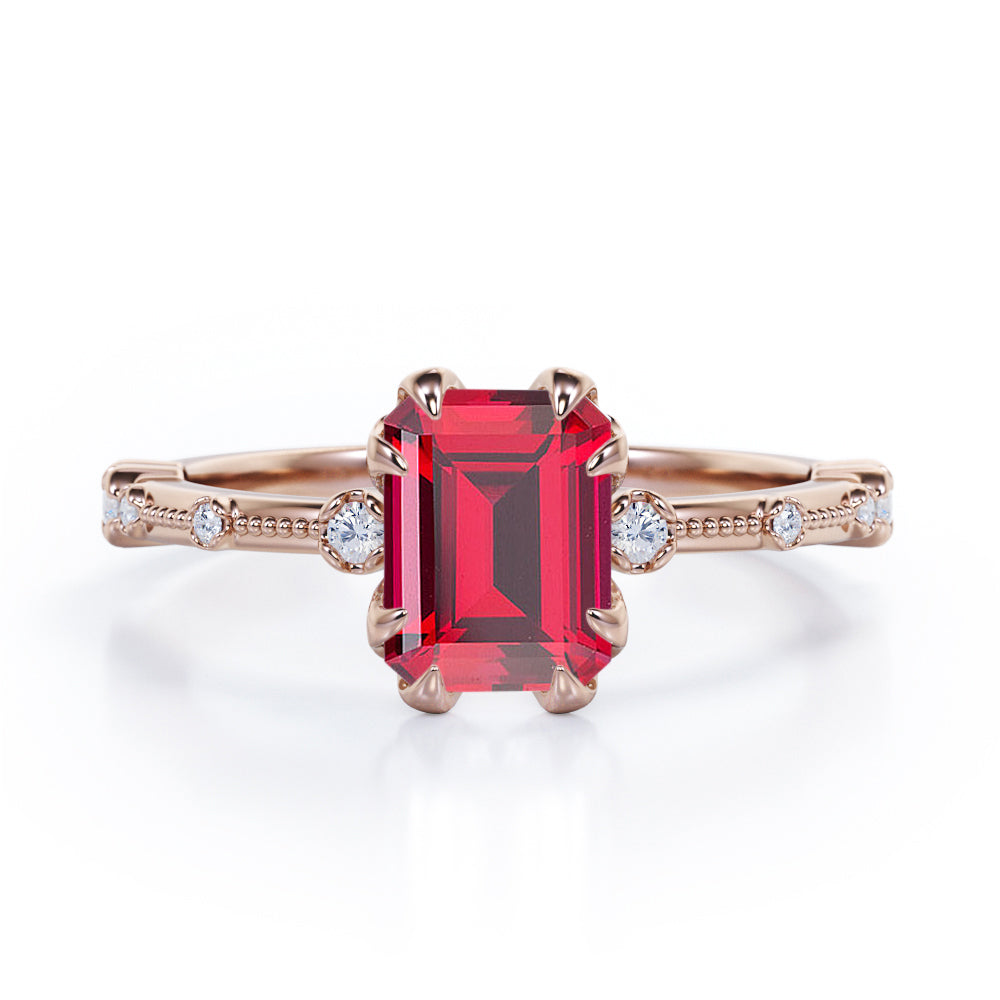 Sharp Eight Claws 1.10 Carat Emerald Cut Lab Ruby And Diamond Beaded Engagement Ring In White Gold