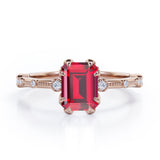 Sharp Eight Claws 1.10 Carat Emerald Cut Ruby And Diamond Beaded Engagement Ring In White Gold