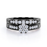 Flower Cluster Design 0.5 TCW Round-Shaped Moissanite and Diamond Flush-Channel Bridal Ring Set in  Black Gold