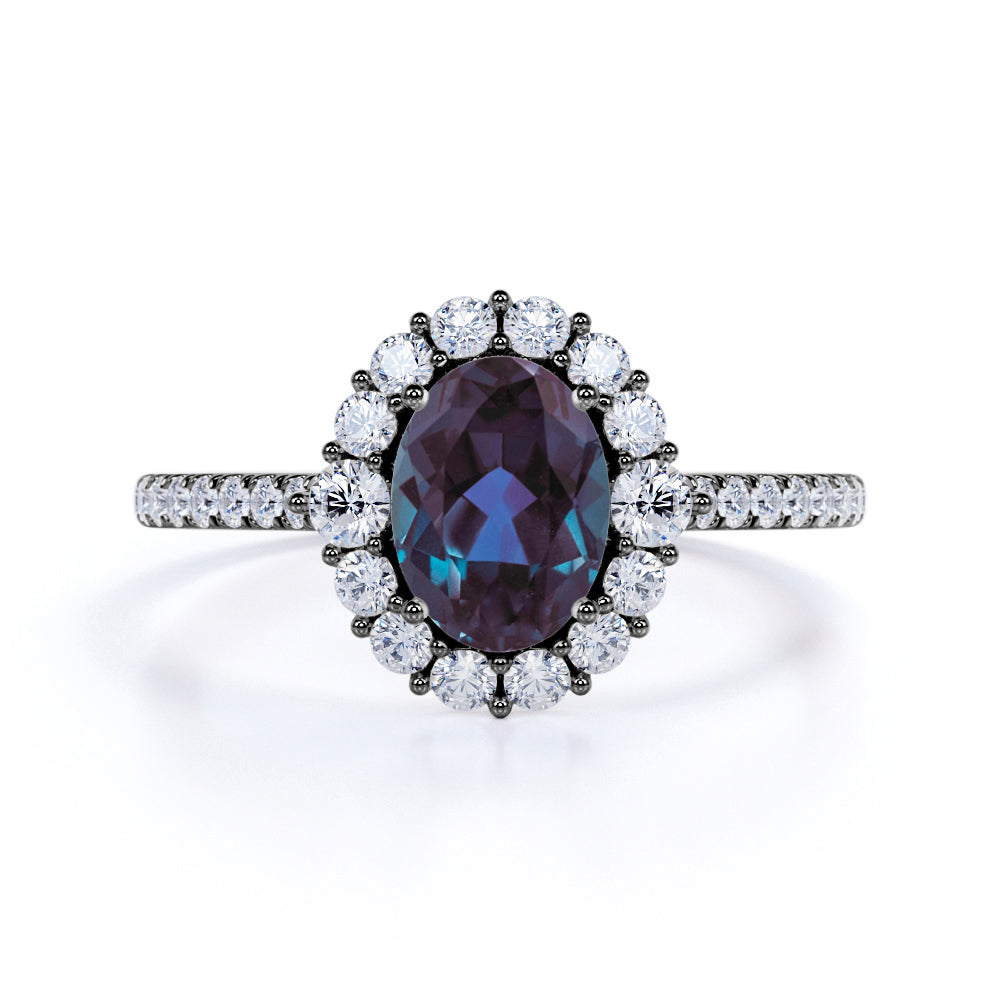 Snowflake Cluster 1.50 Carat Oval Cut Lab Created Alexandrite and Diamond Halo Engagement Ring
