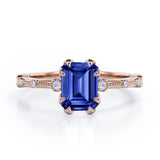 Sharp Eight Claws 1.10 Carat Emerald Cut Sapphire And Diamond Beaded Engagement Ring In Rose Gold