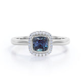 Minimal Halo 1.25 Carat Cushion Cut Lab Created Alexandrite And Diamond Bezel Set Engagement Ring In White Gold For Women
