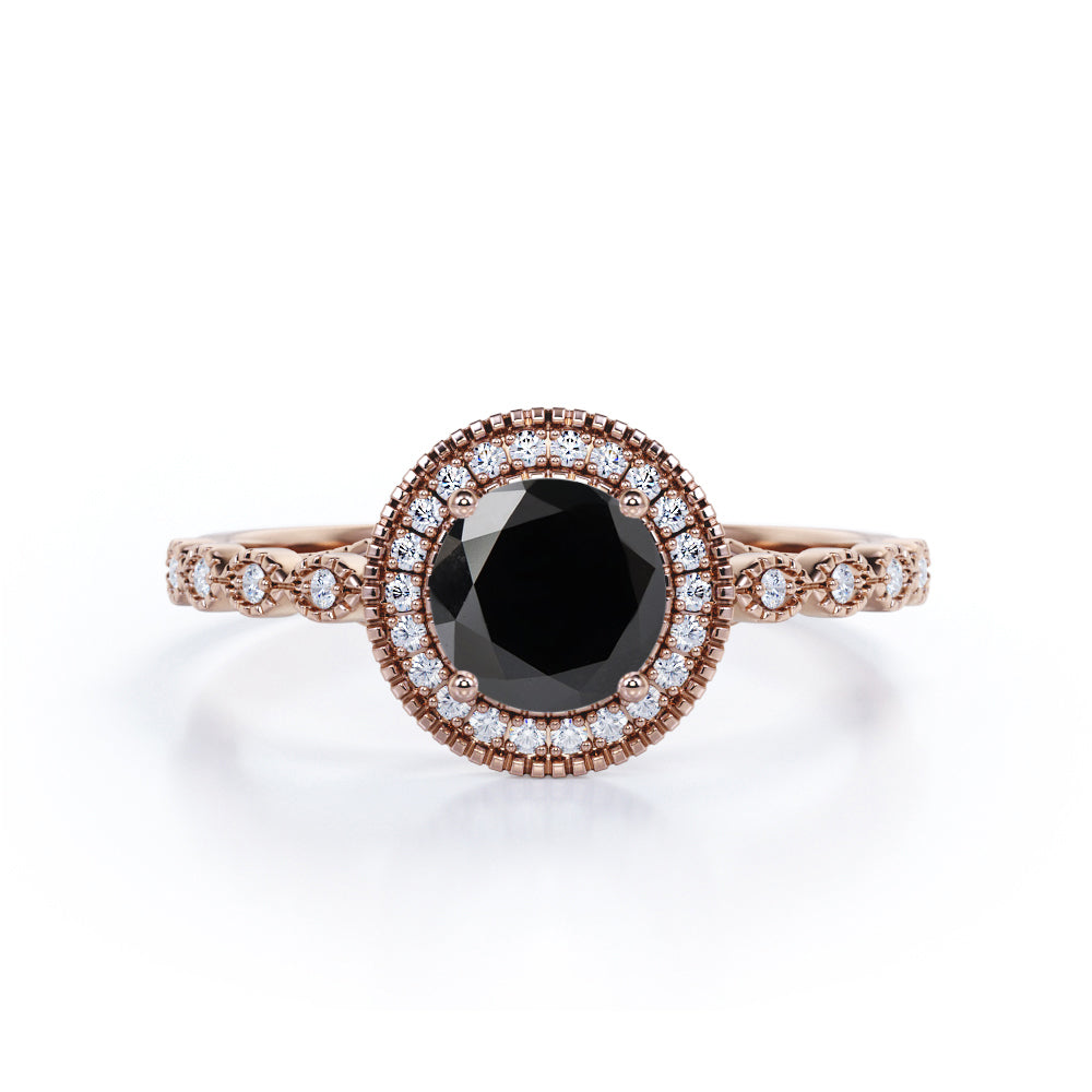 Big 1.50 Carat Round Shape Lab Created Lab Black Diamond and Antique Milgrain Engagement Ring in White Gold