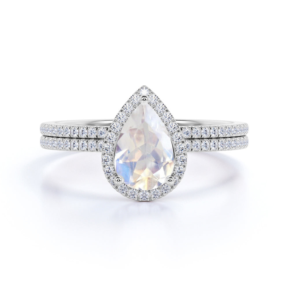1.5 ct Teardrop Moonstone Halo Bridal Set
