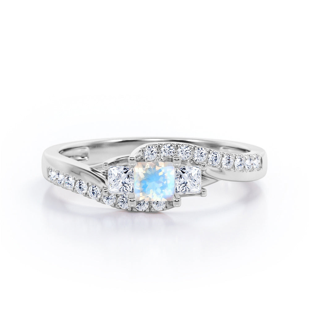 Trellis Three Stones 1 carat Princess Moonstone and Moissanites Braided Engagement Ring in Rose Gold