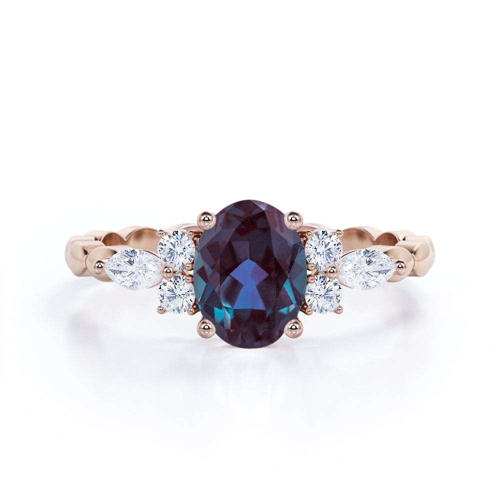 1.35 Carat Oval Cut Lab Created Alexandrite And Diamond Seven Stone Engagement Ring In White Gold