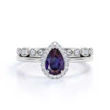 Antique Art Deco 1.50 Carat Pear Cut Lab Alexandrite and Diamond Halo Bridal Set Rings