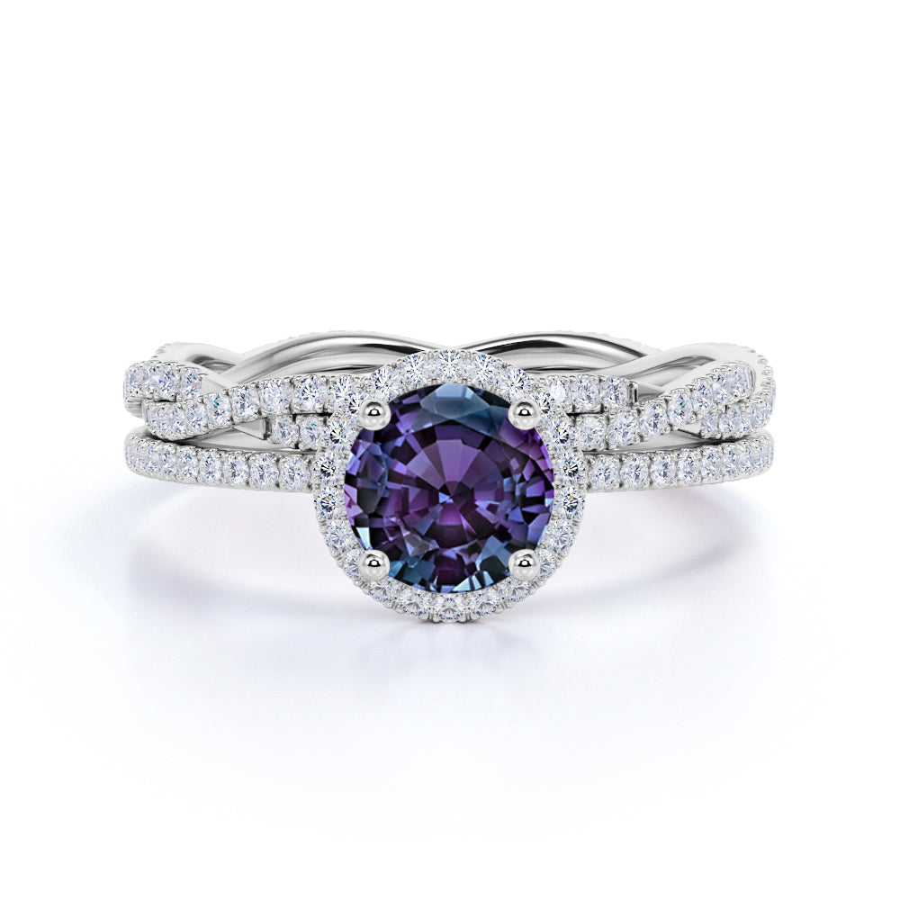 Infinity Halo 2 Carat Round Cut Simulated Alexandrite and Diamond Eternity Modern Wedding Ring Sets