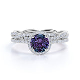 Infinity Halo 2 Carat Round Cut Simulated Alexandrite and Diamond Eternity Modern Wedding Ring Sets