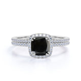 Beautiful 1.75 Carat Cushion cut Lab Black Diamond Halo Wedding Ring Set in Rose Gold