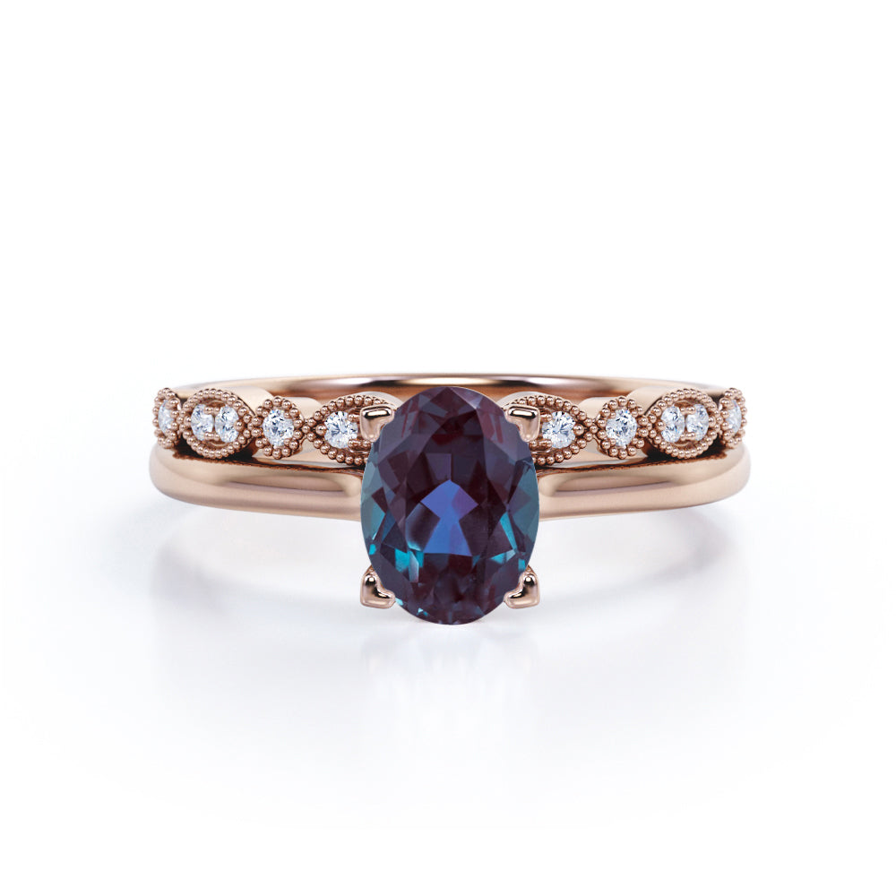 Classic 1.25 Carat Oval Cut Lab Created Alexandrite Art Deco Bridal Set In White Gold for Women