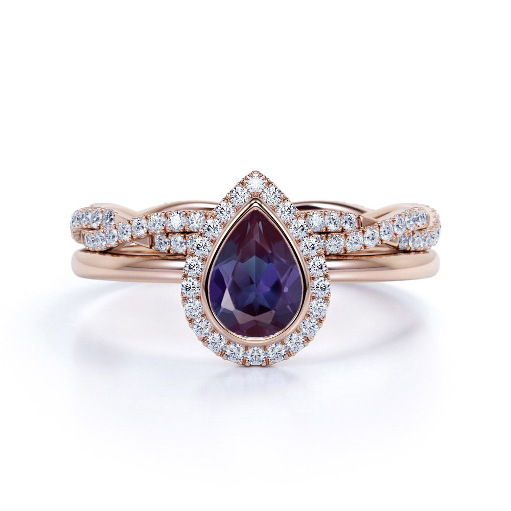 Infinity Bezel Set 1.75 Carat Pear Cut Synthetic Alexandrite and Diamond Eternity Bridal Set Rings