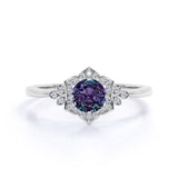 Pinched Shank .75 Carat Round Cut Lab Created Alexandrite and Moissanite Lily Frame Engagement Ring in 18k White Gold over Silver