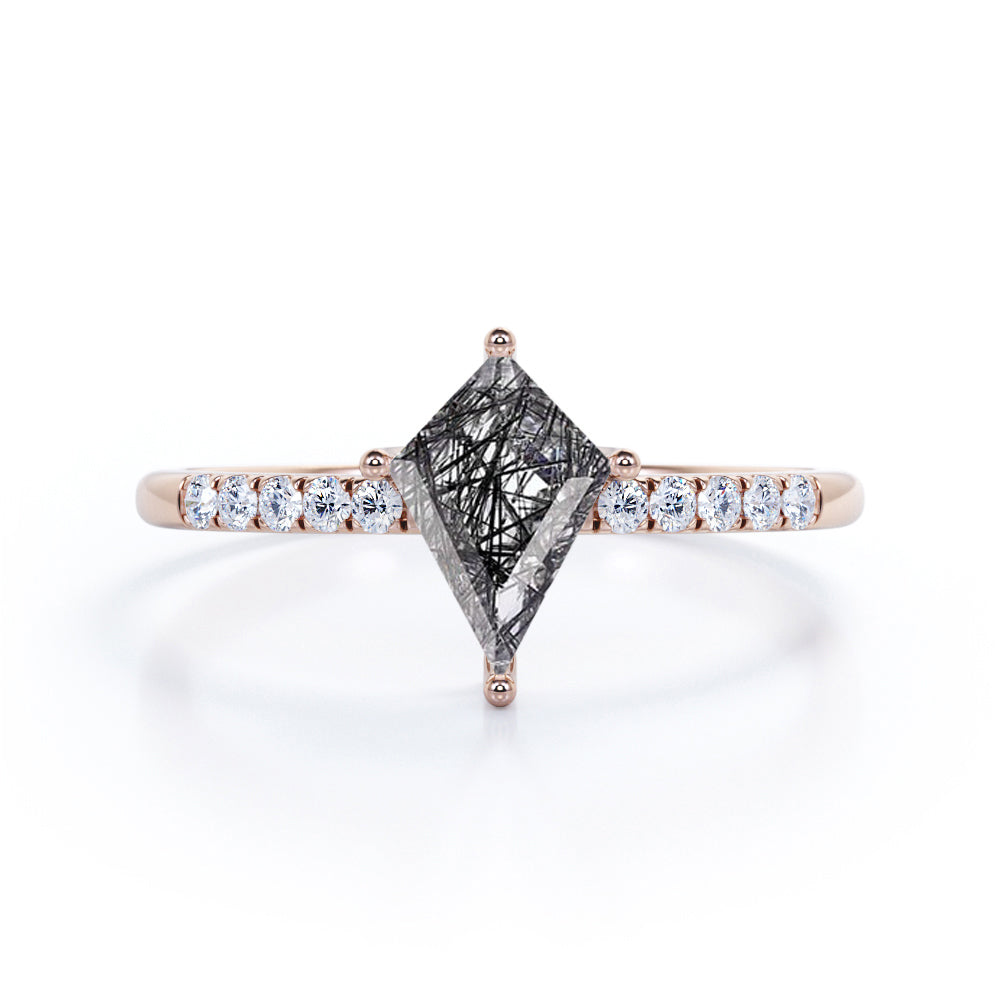 Geometric 1.10 Carat Kite Shaped Dendritic Black Rutilated Quartz And Diamond Pave Half Eternity Engagement Ring In White Gold