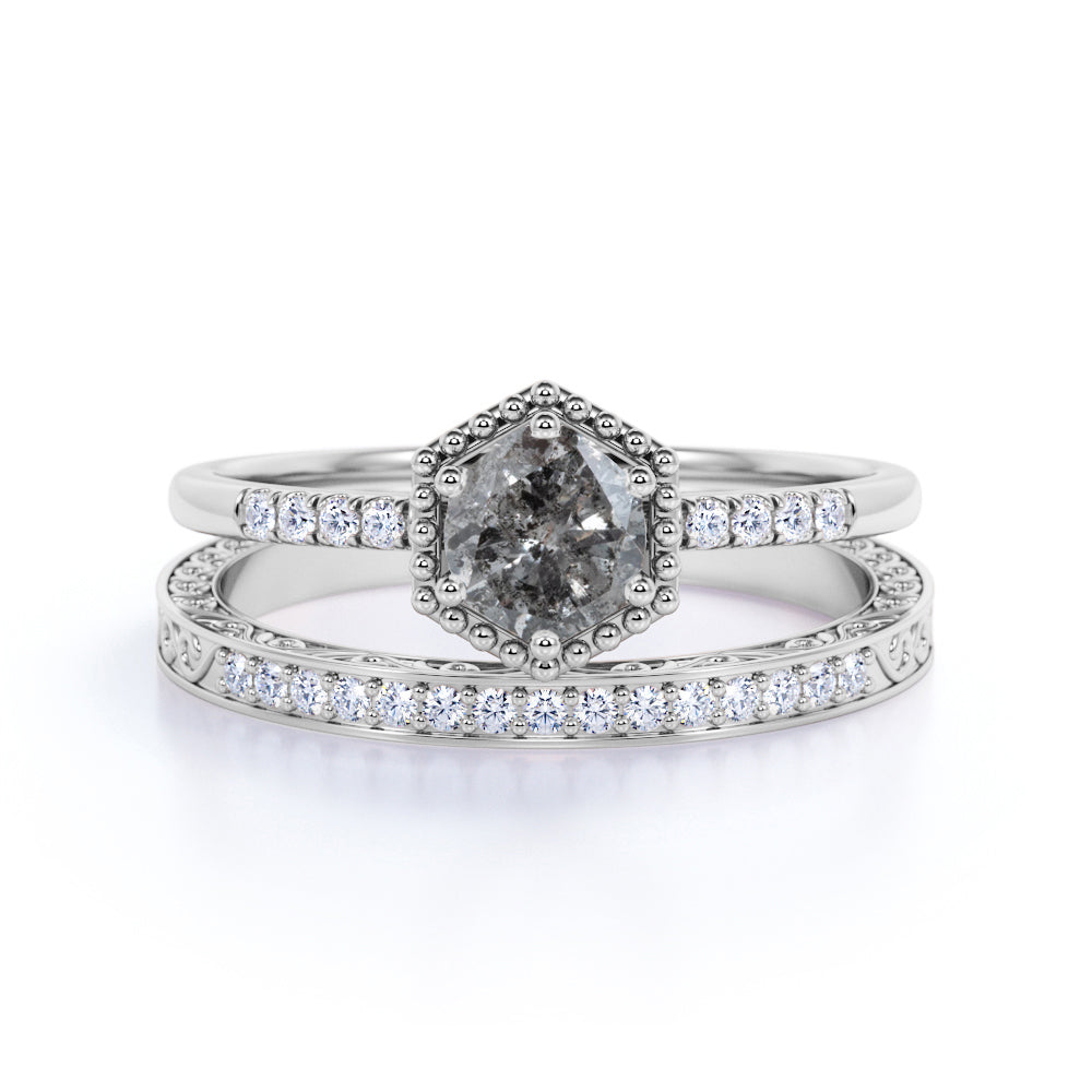 Hexagon Design 0.95 Carat Round Cut Icy Black Grey Salt and Pepper Diamond Bezel Pave Bridal Set Rings