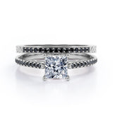 Art Deco Prong 1.5 TCW Princess Cut Moissanite with Lab Created Black Diamond Bridal Set with Pave Accents in Rose Gold