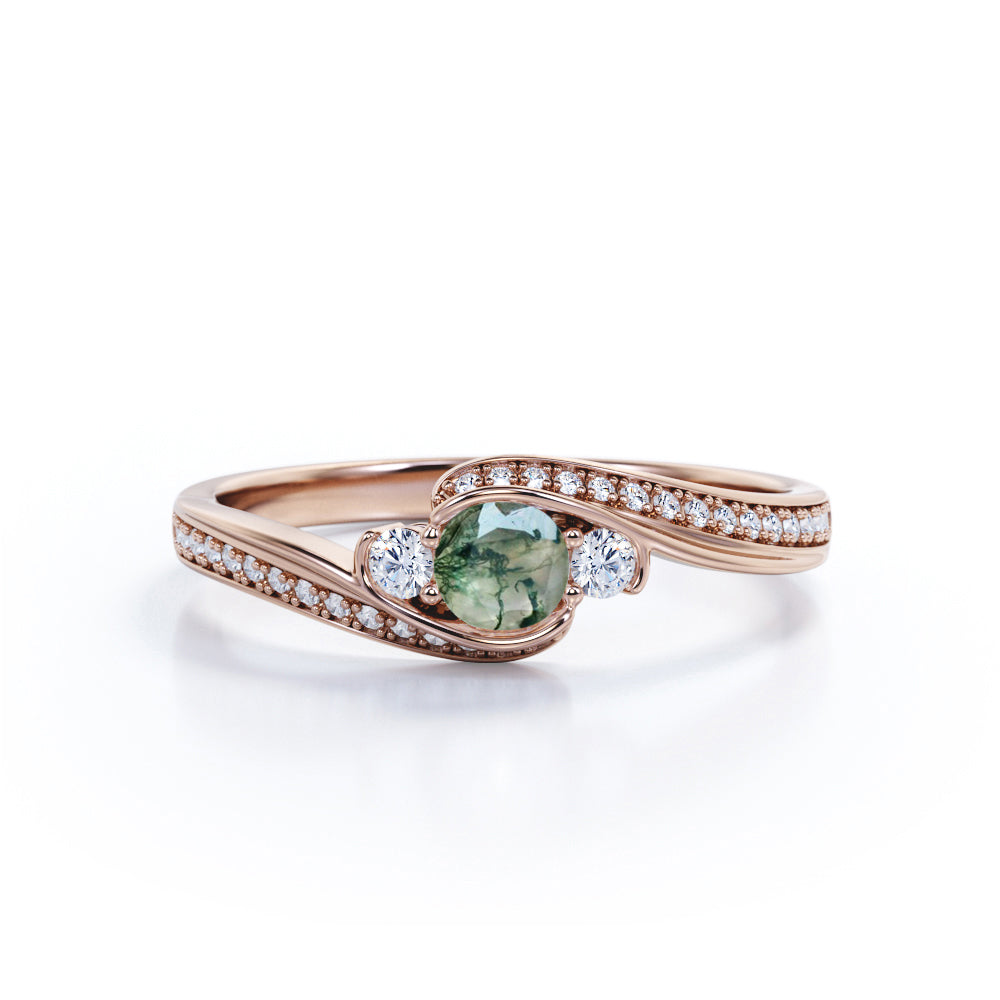 Bypass Three Stone 1.75 Carat Round Cut Milky White Scenic Moss Green Agate and Diamond Channel Set Engagement Ring for Women