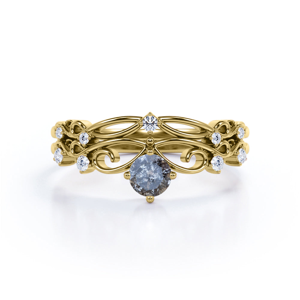 Dainty Filigree 0.65 Carat Round Cut Druzy Black Rutilated Quartz and Diamond Contour Solitaire Wedding Set Rings