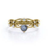 Dainty Filigree 0.65 Carat Round Cut Druzy Black Rutilated Quartz and Diamond Contour Solitaire Wedding Set Rings