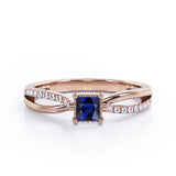 Twisted and Split Pinched Shank 0.65 carat Princess Blue Sapphire and Moissanites Elegant Engagement Ring in Rose Gold