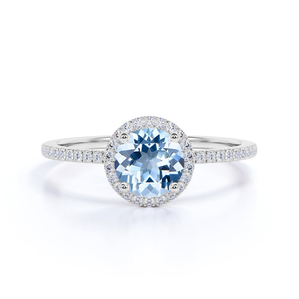 1.50 Carat Round cut Aquamarine and Diamond Halo Engagement Ring in Rose Gold