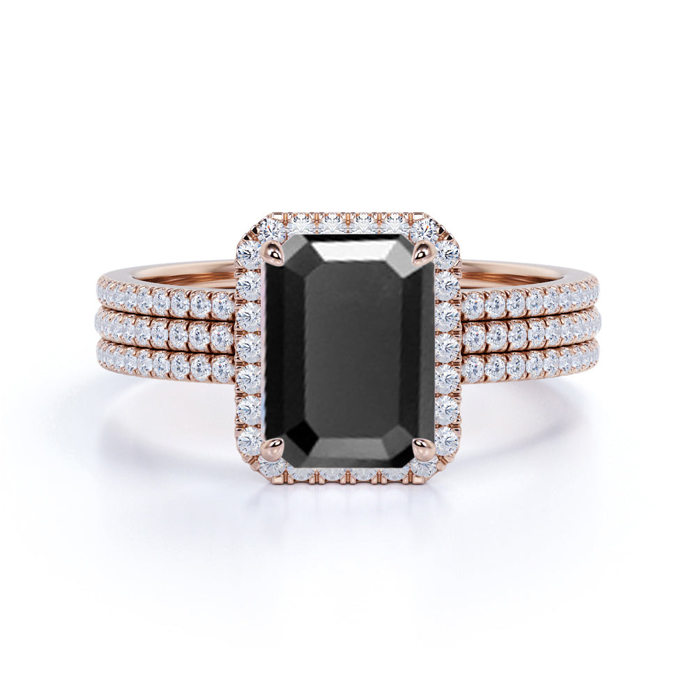 Bestselling 2 Carat Emerald Cut Lab Black Diamond Halo Trio Wedding Bridal Ring Set in White Gold