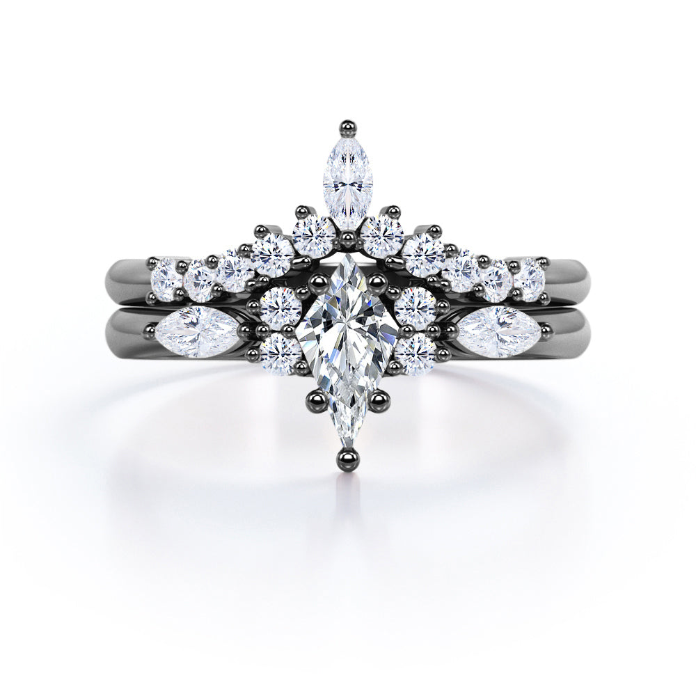 Elegant Fancy Cut Gems 0.7 carat Kite Moissanite and Diamond Wedding Ring Set in Rose Gold