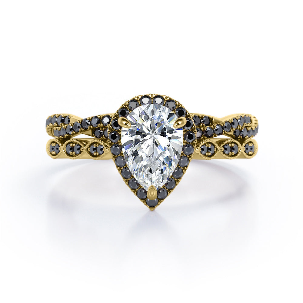 Eternity Crossover 1.75 TCW Pear Shaped Moissanite with Lab Created Black Diamond Halo-Vintage Style Wedding Ring Set in White Gold