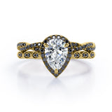 Eternity Crossover 1.75 TCW Pear Shaped Moissanite with Lab Created Black Diamond Halo-Vintage Style Wedding Ring Set in White Gold