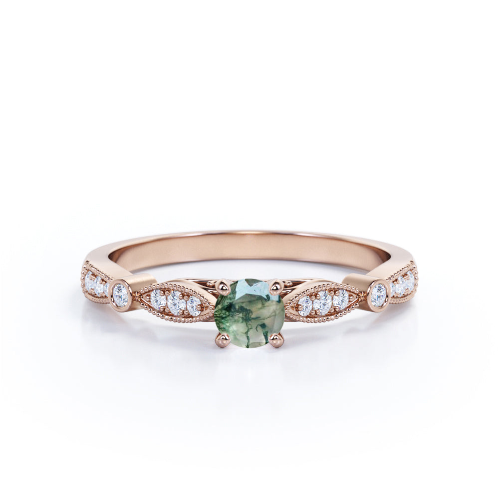 Stylish Cathedral 0.6 carat Round Green Moss Agate and Moissanite Engagement Ring in White Gold