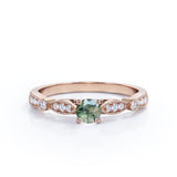 Stylish Cathedral 0.6 carat Round Green Moss Agate and Moissanite Engagement Ring in White Gold