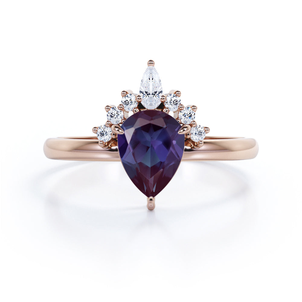Tiara Design 1.25 Carat Pear Cut Lab Created Solitaire Alexandrite And Diamond Three Claws Unique Engagement Ring In White Gold