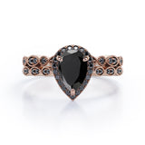 Vintage Style - 1.65 TCW Teardrop Lab Created Black Diamond - Milgrain Halo Bridal Set in White Gold