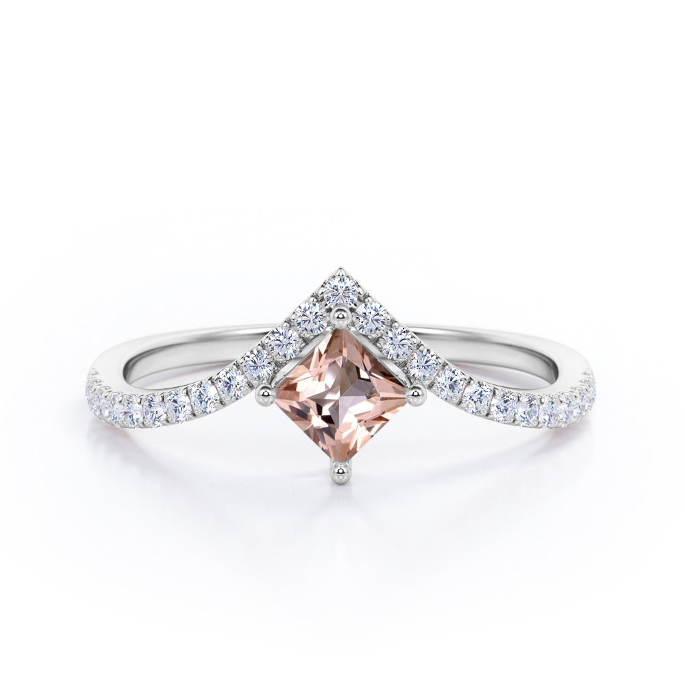 Chevron 1.25 Carat Princess Cut Morganite And Diamond Four Prong Pave Set Engagement Ring In Rose Gold