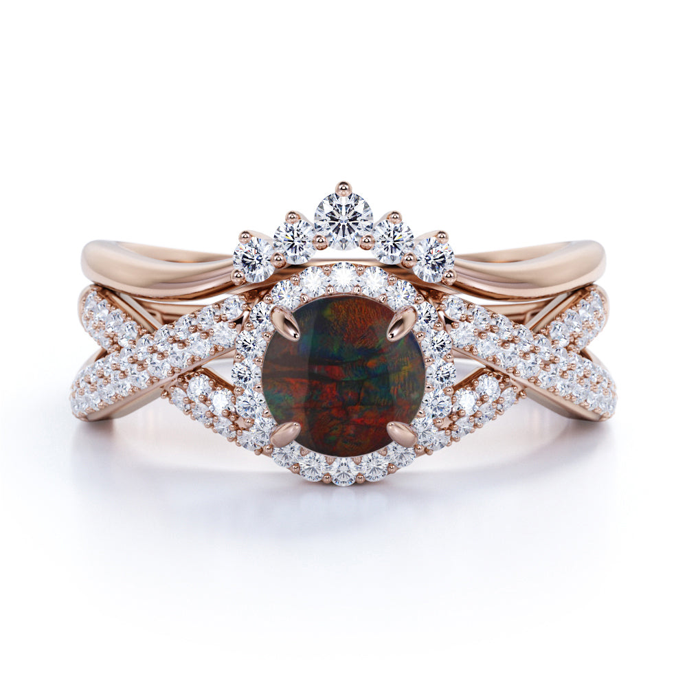 Chevron 1.60 Carat Round Cut Black Fire Opal And Diamond Infinity Halo Wedding Ring Set In White Gold