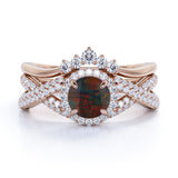 Chevron 1.60 Carat Round Cut Black Fire Opal And Diamond Infinity Halo Wedding Ring Set In White Gold
