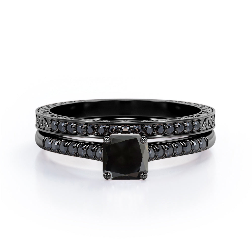 Lattice 1.5 TCW Princess Cut Lab Created Black Diamond 4-Prong Pave Bridal Set in White Gold